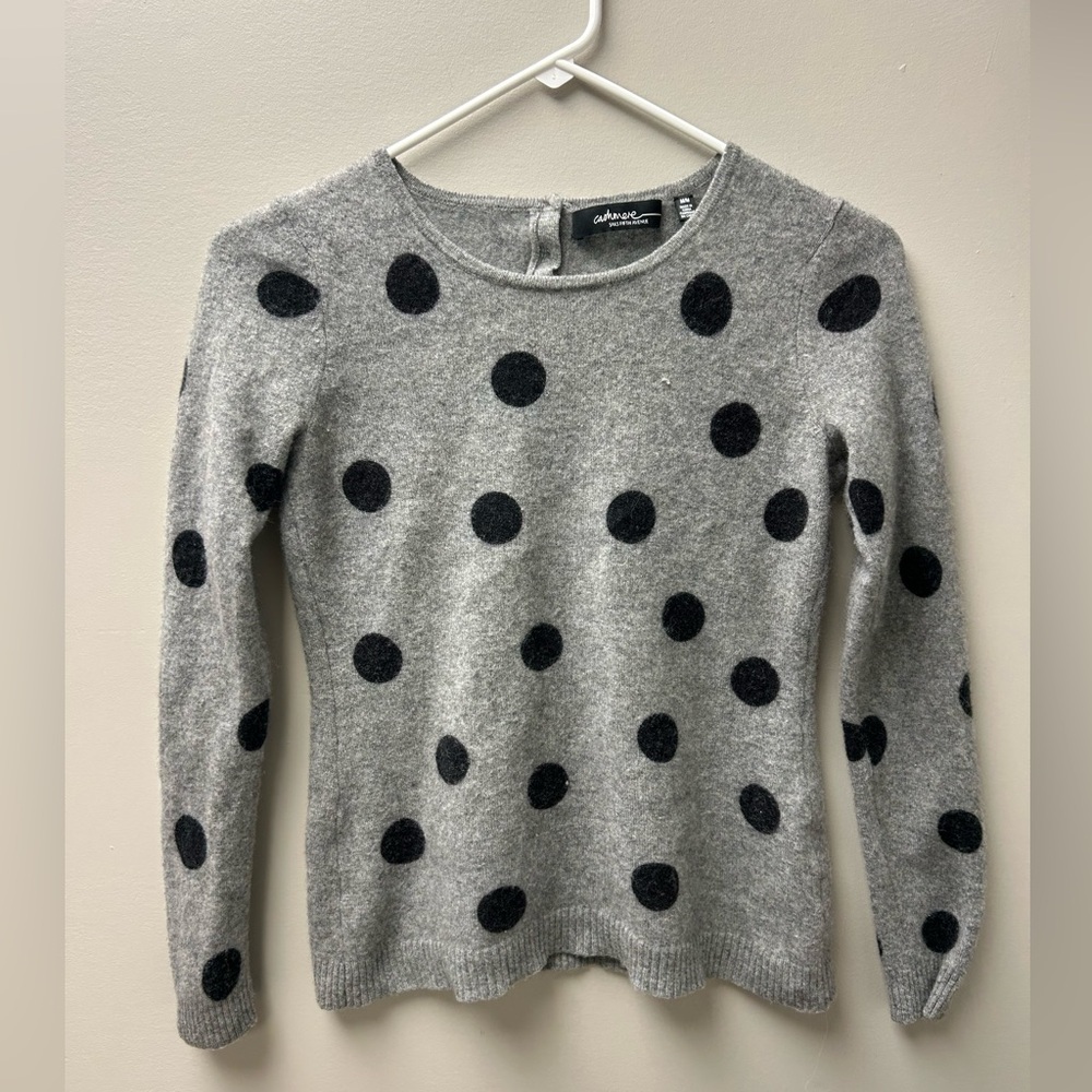 Saks Fifth Avenue Cashmere Grey & Black Polka Dot Sweater